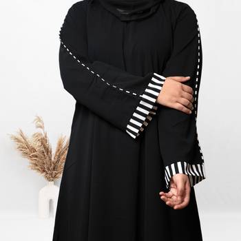 A-line Simple Black Abaya With White Cuff Patti With Hijab (001) 5