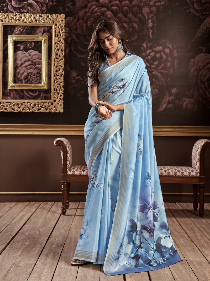 Elora pure silk floral designed handloom saree with silver zari border (sky blue)