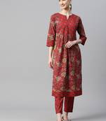 cotton red yellow floral print kurta with trouser