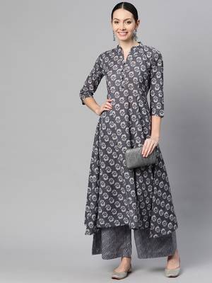cotton grey floral print a-line kurta with trouser 1