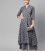 cotton grey floral print a-line kurta with trouser