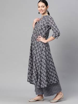 cotton grey floral print a-line kurta with trouser 2
