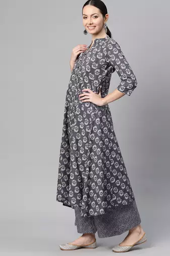cotton grey floral print a-line kurta with trouser