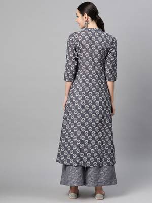 cotton grey floral print a-line kurta with trouser 3