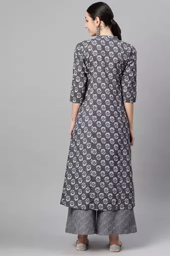 cotton grey floral print a-line kurta with trouser