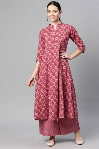 Indibelle cotton magenta floral print a-line kurta with trouser