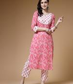 cotton pink white floral print straight kurta with trouser