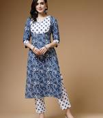 cotton blue white floral print straight kurta with trouser