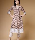 cotton brown white floral print a-line kurta with trouser