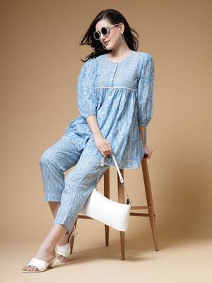 sky blue ikat print cotton lurex co-ord set 1