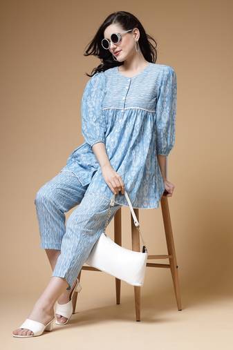Indibelle sky blue ikat print cotton lurex co-ord set