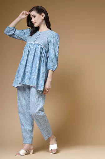 sky blue ikat print cotton lurex co-ord set