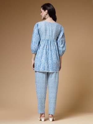 sky blue ikat print cotton lurex co-ord set 3