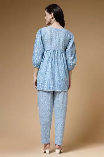 sky blue ikat print cotton lurex co-ord set