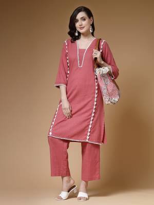 Indibelle peach solid cotton lace work co-ord set 1