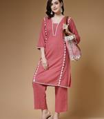 Indibelle peach solid cotton lace work co-ord set