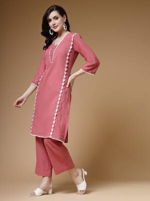 Indibelle peach solid cotton lace work co-ord set 2