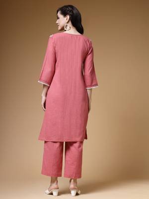 Indibelle peach solid cotton lace work co-ord set 3
