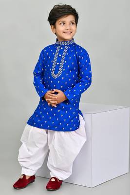 Blue cotton blend boys kurta pyjama 1