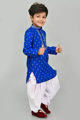 Blue cotton blend boys kurta pyjama