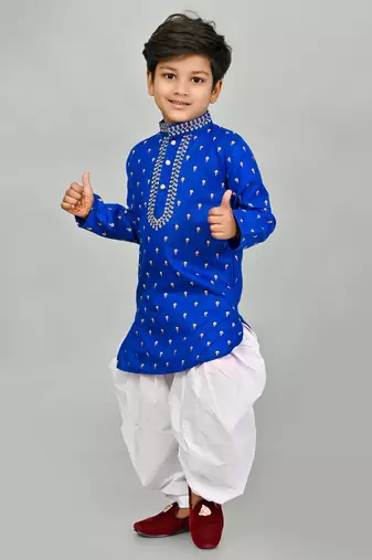 Blue cotton blend boys kurta pyjama