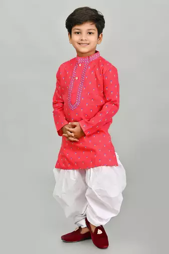Pink cotton blend boys kurta pyjama