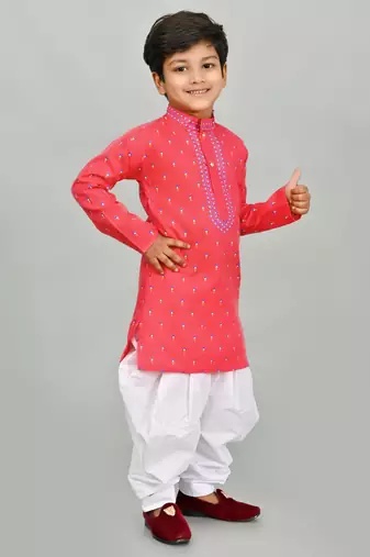Pink cotton blend boys kurta pyjama