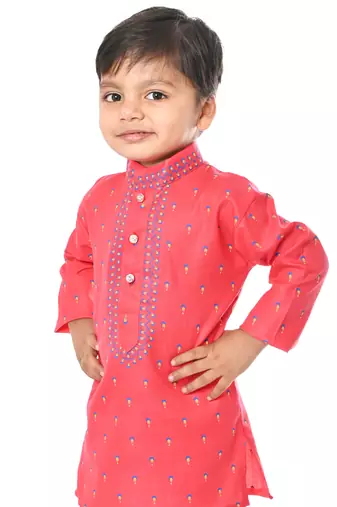 Pink cotton blend boys kurta pyjama