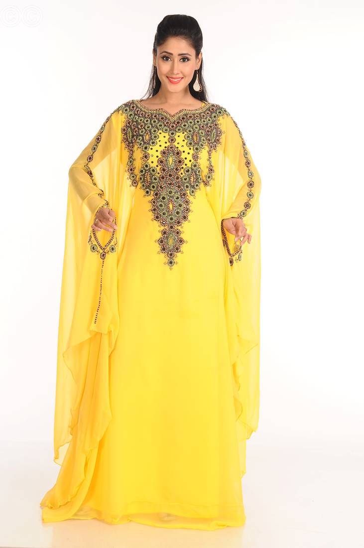 Yellow Zari & Stone Gold Work stitched Georgette Designed Farasha Party Wear