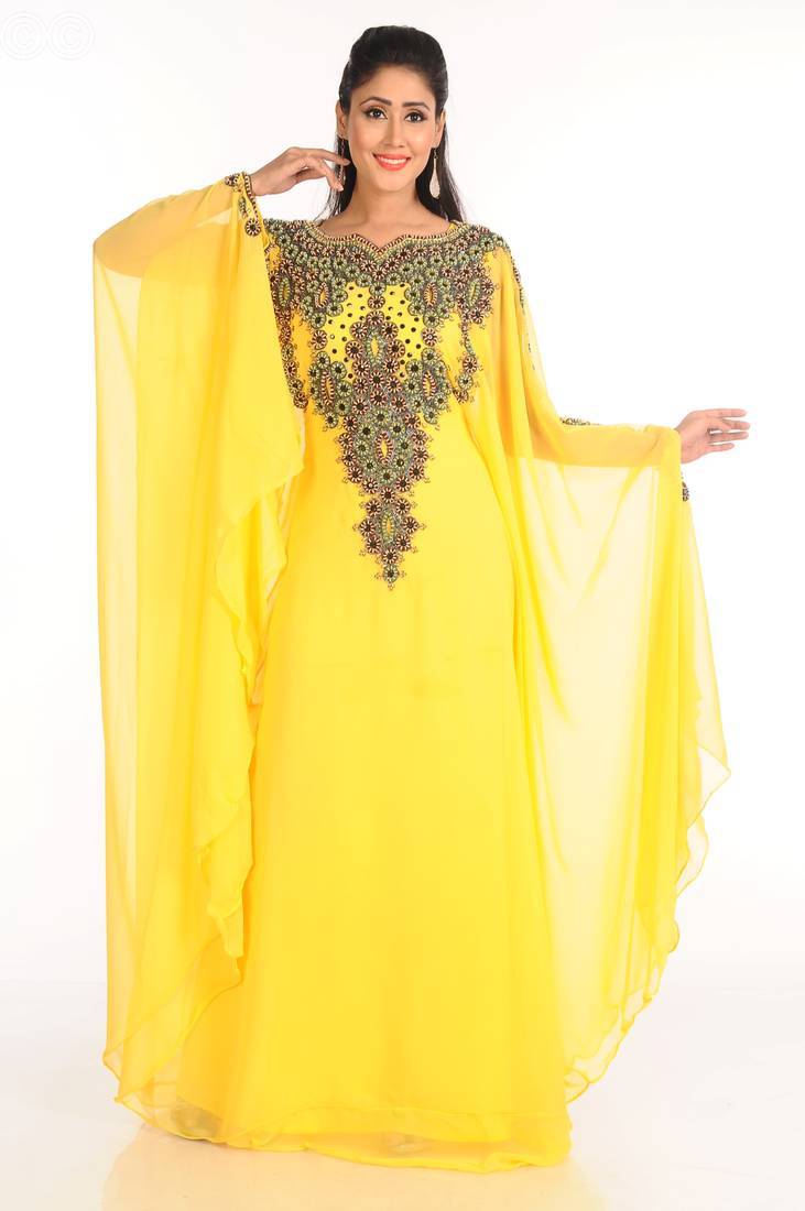 Yellow Zari & Stone Gold Work stitched Georgette Designed Farasha Party Wear