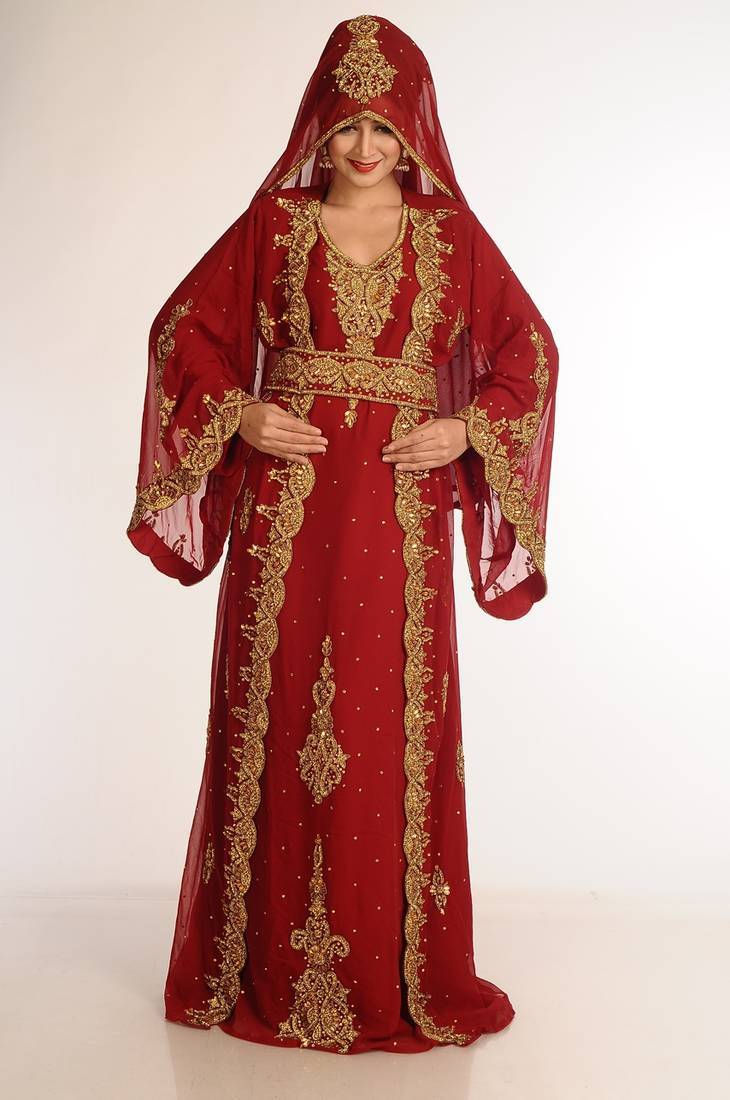 Maroon Handcrafted Zari work Stitched Georgette Kaftan Party Dress