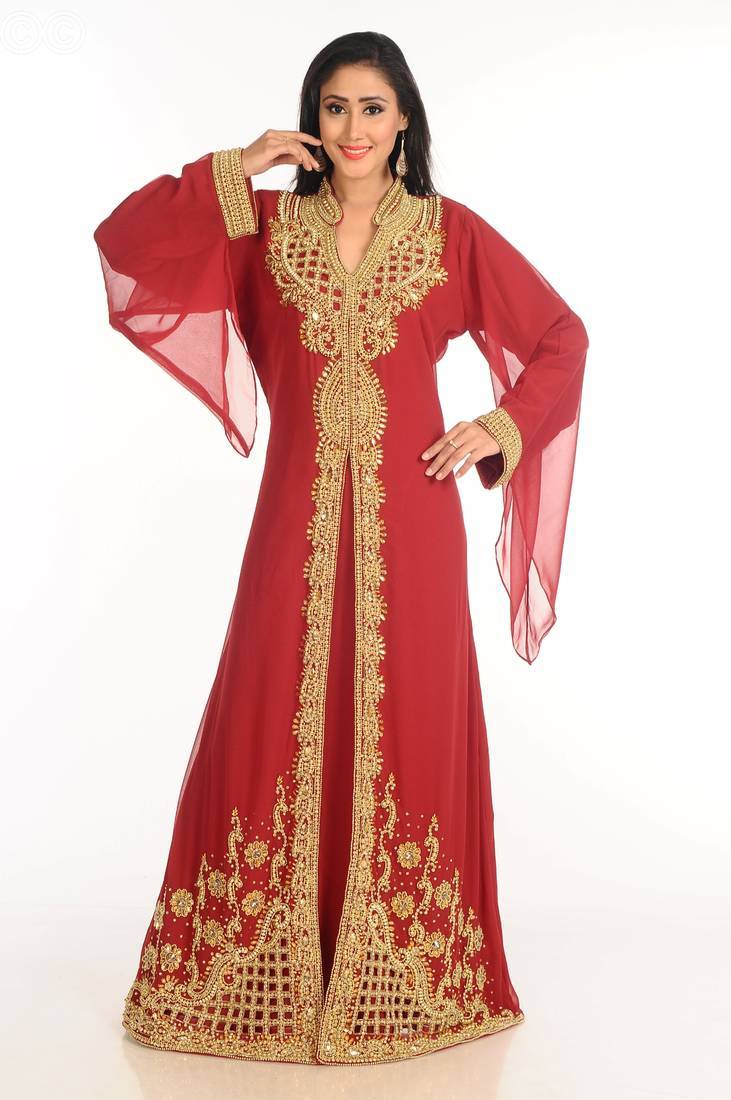 Red Handcrafted Zari work Stitched Georgette Kaftan Party Dress