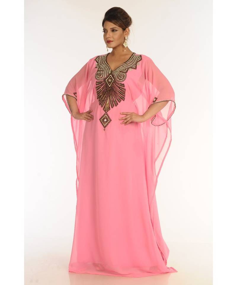 Islamic Pink Georgette Hand Embroidery Party Wear Kaftan