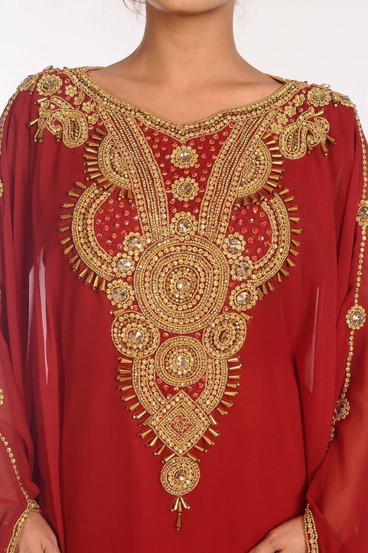 Maroon Handcrafted Zari work Stitched Georgette Kaftan Party Dress