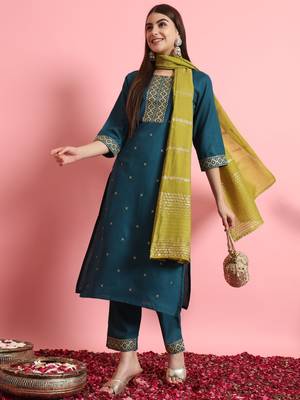   women kurta and trousers pant set silk blend 1
