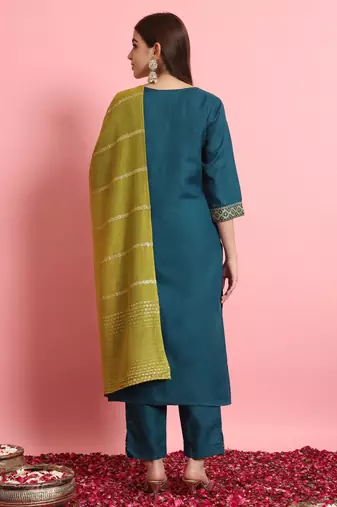   women kurta and trousers pant set silk blend
