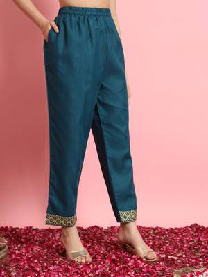   women kurta and trousers pant set silk blend 4