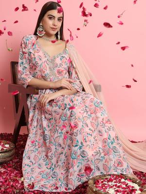  women alia cut embroidered viscose silk floral printed a-line kurta with pant & dupatta set 1