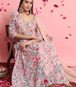  women alia cut embroidered viscose silk floral printed a-line kurta with pant & dupatta set