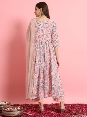  women alia cut embroidered viscose silk floral printed a-line kurta with pant & dupatta set 2