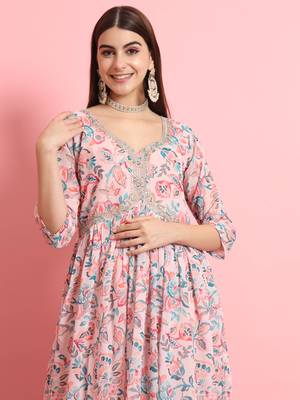  women alia cut embroidered viscose silk floral printed a-line kurta with pant & dupatta set 3