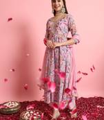 women alia cut embroidered viscose silk floral printed a-line kurta with pant & dupatta set