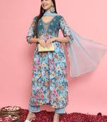  women alia cut embroidered viscose silk floral printed a-line kurta with pant & dupatta set