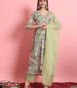  women alia cut embroidered viscose silk floral printed a-line kurta with pant & dupatta set