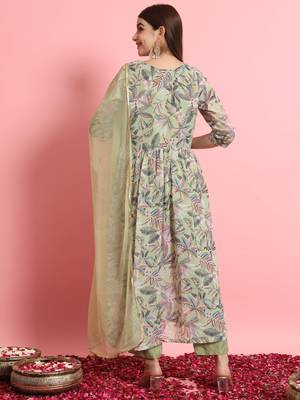  women alia cut embroidered viscose silk floral printed a-line kurta with pant & dupatta set 2