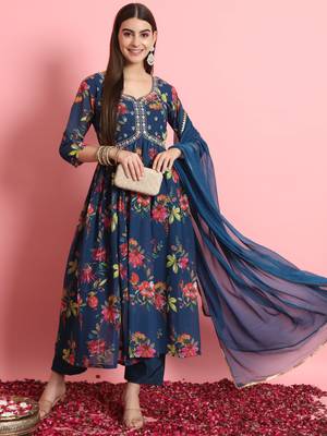  women alia cut embroidered viscose silk floral printed a-line kurta with pant & dupatta set 1