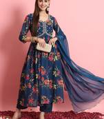  women alia cut embroidered viscose silk floral printed a-line kurta with pant & dupatta set