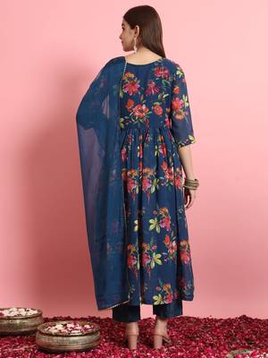  women alia cut embroidered viscose silk floral printed a-line kurta with pant & dupatta set 2