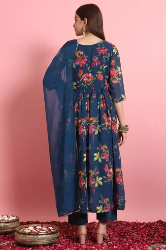  women alia cut embroidered viscose silk floral printed a-line kurta with pant & dupatta set