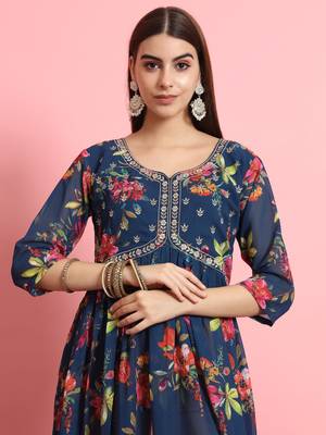  women alia cut embroidered viscose silk floral printed a-line kurta with pant & dupatta set 3